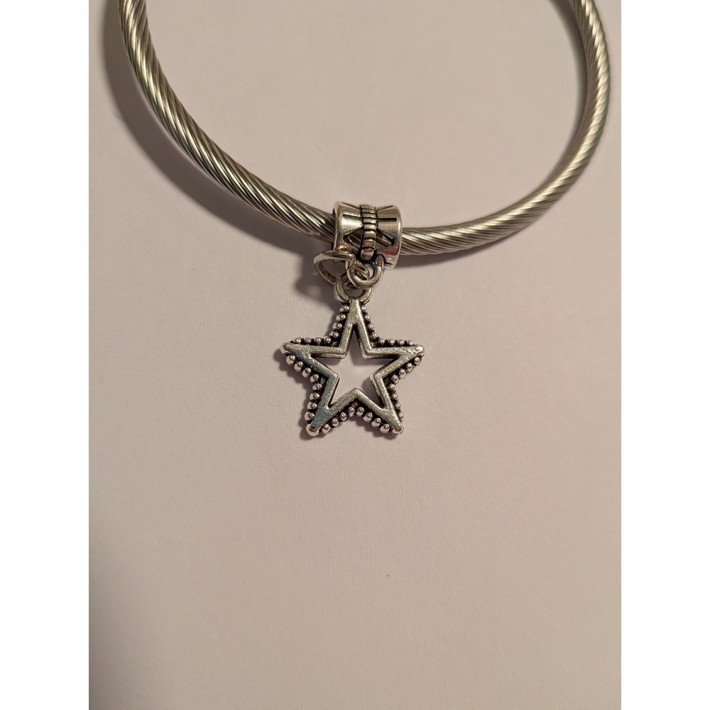 Silver Tone Open Star Dangle Charm for European Style Bracelets Antique Finish